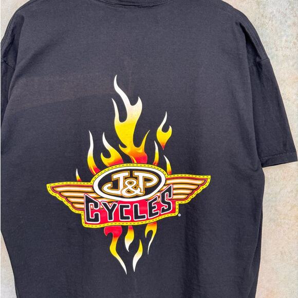 VTG 90s J&P Motorcycles Flame Biker T Shirt Sz XL Black Cycles Bike Harley - Picture 5 of 8